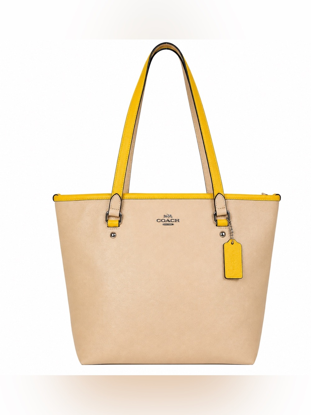 Coach City Zip Tote Beige Leather Yellow Trim Shoulder Bag Purse F59855 New - Picture 16 of 16